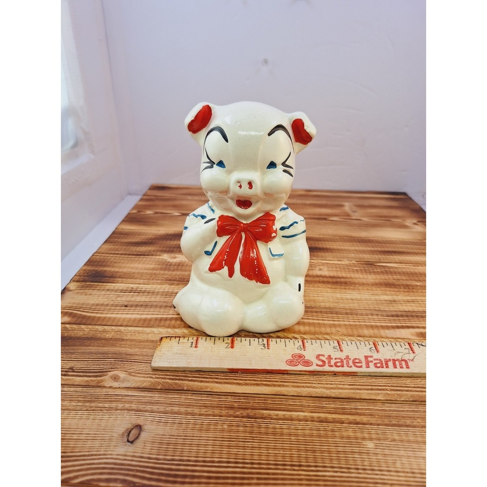 Vintage‎ American Bisque Pottery Ceramic PORCELAIN Pig Piggy Bank RED Bow tie - Picture 9 of 10